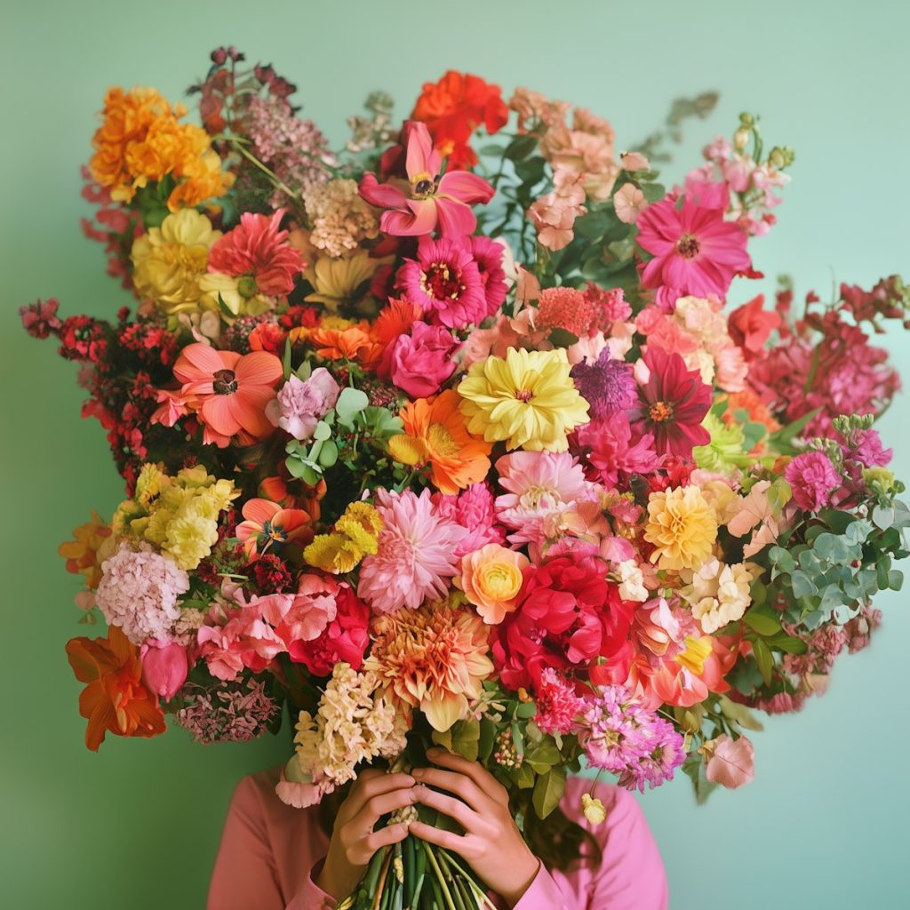 Ein großer bunter Blumenstrauß gehalten von einer Frau