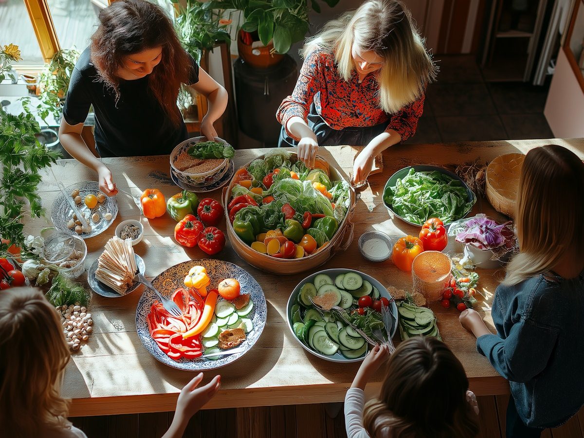 Frauen bereiten aus Gemüse eine gesunde Mahlzeit zu