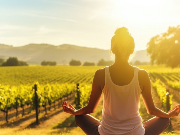Frau macht Yoga mit Blick auf einen Weinberg